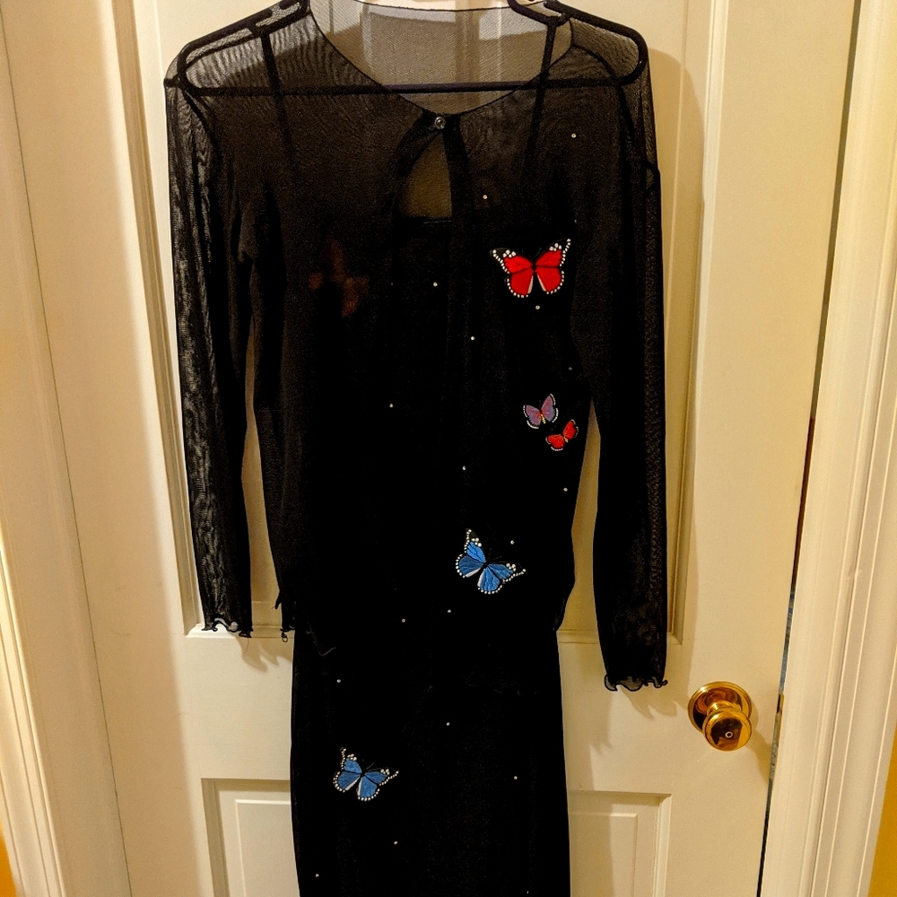 Dress, black with colored butterflies